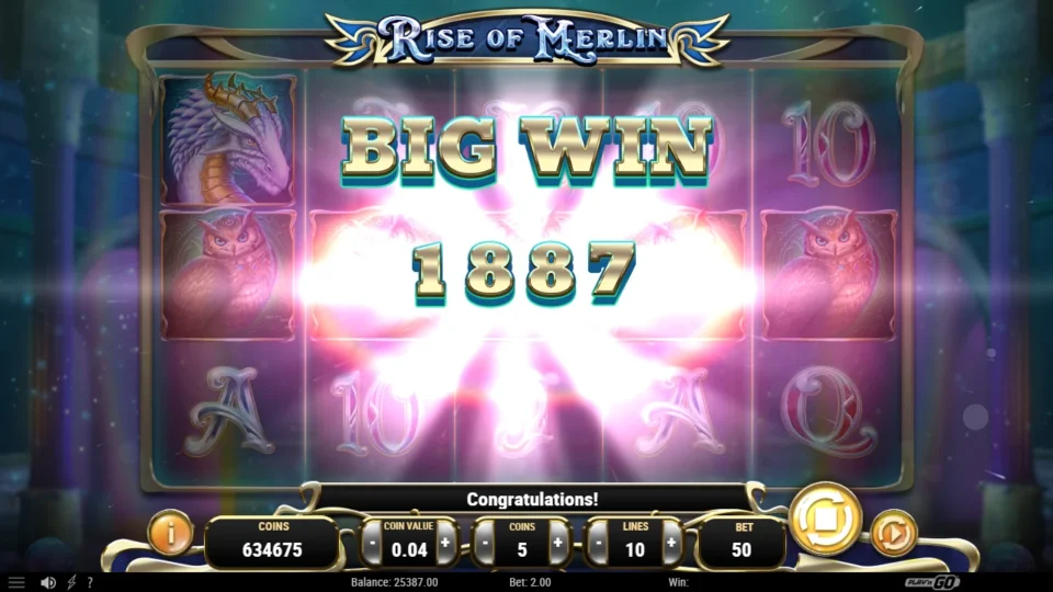 Rise of Merlin: The Big Win counter passes 1887 coins on a base spin