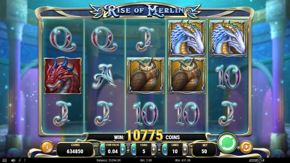 Rise of Merlin: WIN 10775 coins on the base screen is the result of a 24-spin bonus