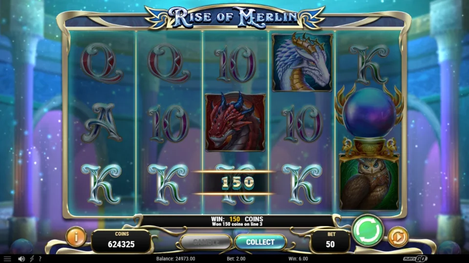 Rise of Merlin: A Crystal Ball on the last reel helps a line of Kings worth 150 coins