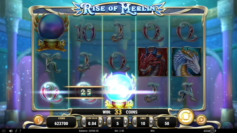 Rise of Merlin: A Crystal Ball landing on reel three completes a 33-coin win