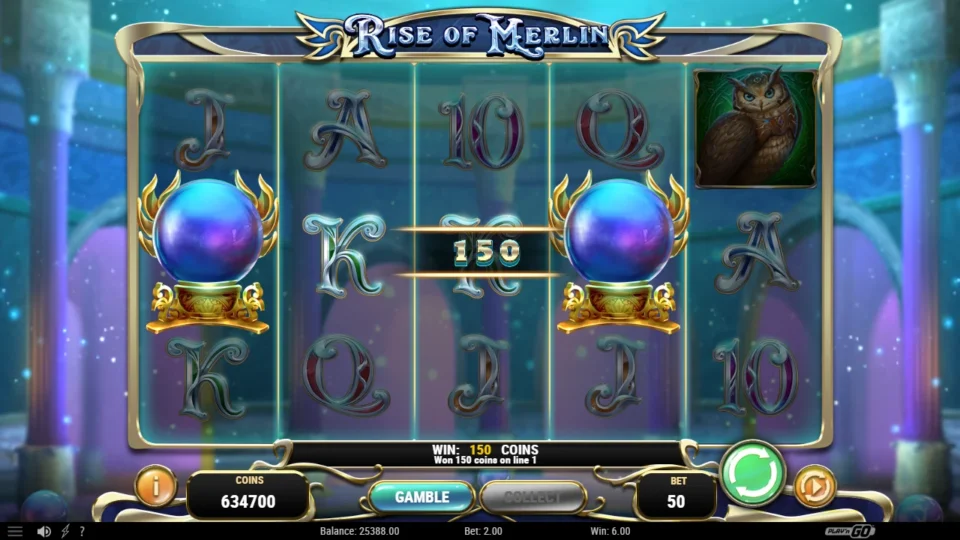 Rise of Merlin: Crystal Balls on the first and fourth reels frame a 150-coin line