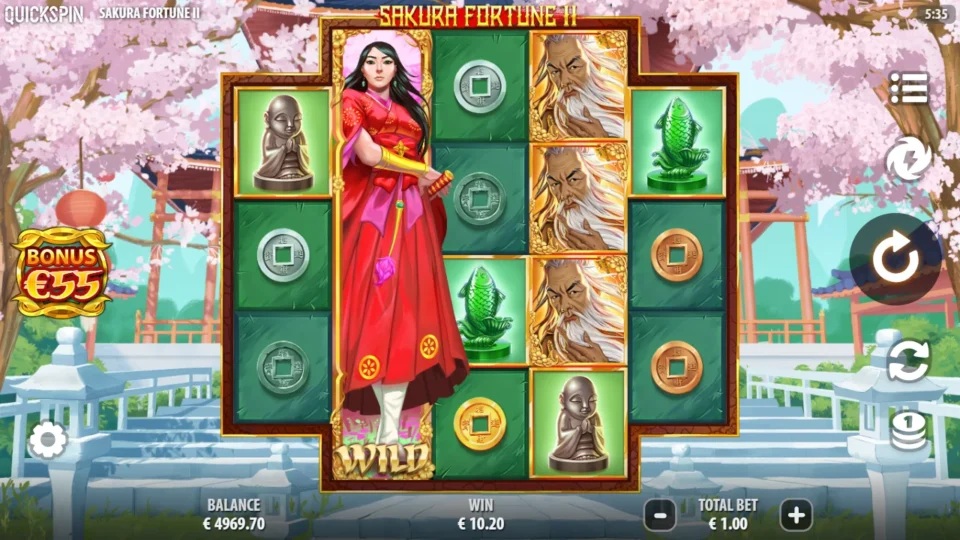 Sakura Fortune 2: A full Wild on reel two remains after a EUR 10.20 respin round