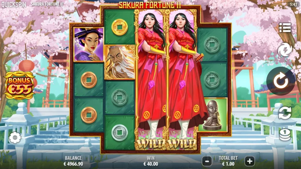 Sakura Fortune 2: Reels three and four stay Wild beside a EUR 40 round total