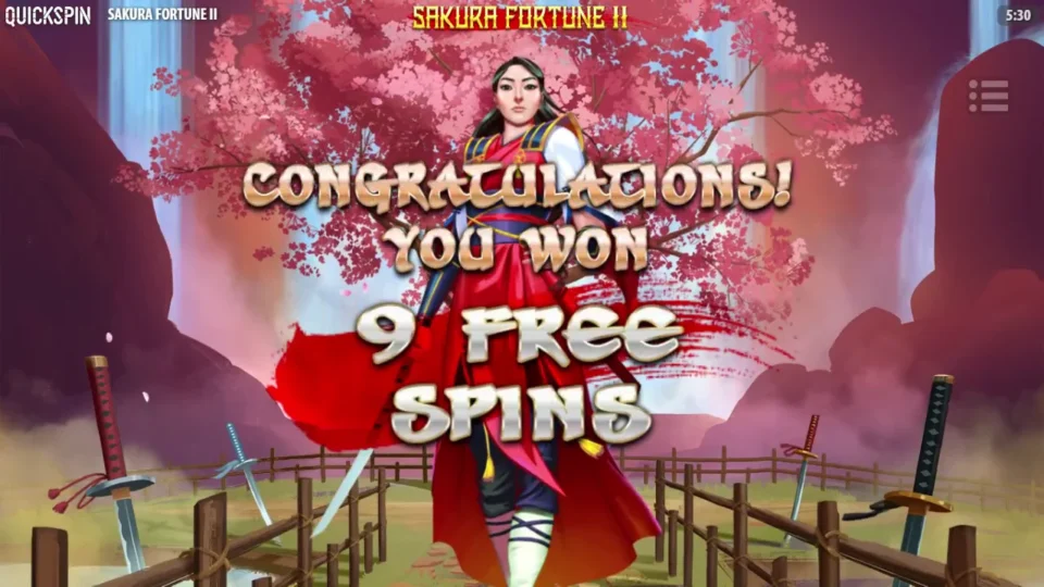 Sakura Fortune 2: Nine free spins are awarded after the EUR 55 entry