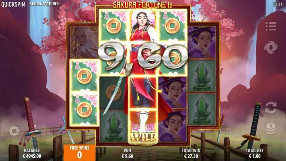 Sakura Fortune 2: The final EUR 9.60 coin win raises the running bonus total to EUR 27.30