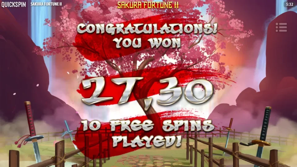 Sakura Fortune 2: Ten completed free spins appear below the EUR 27.30 result