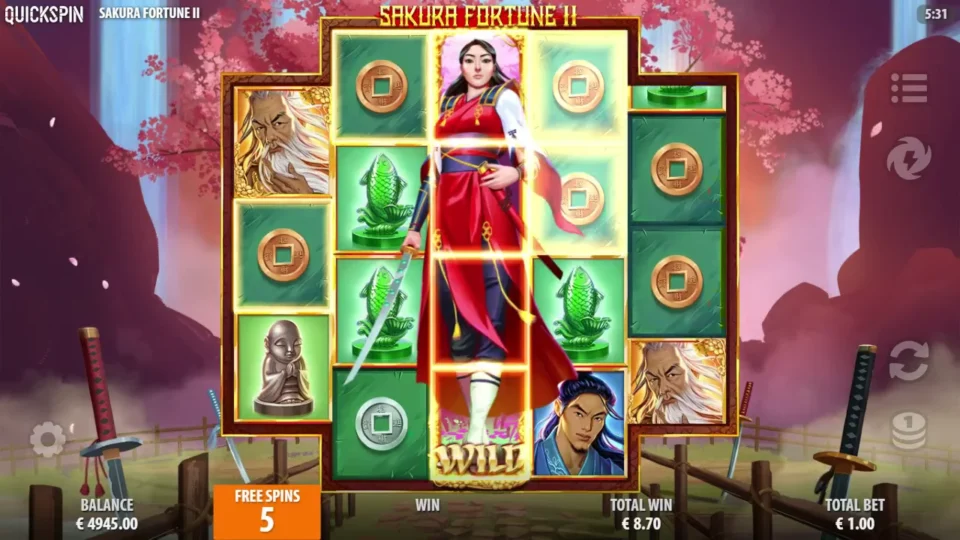 Sakura Fortune 2: Copper-coin ways cross the held Wild with five free spins left and EUR 8.70 accumulated