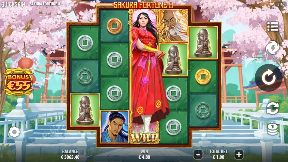 Sakura Fortune 2: Silver coins and Jizo statues surround the central Wild above a EUR 4.80 win