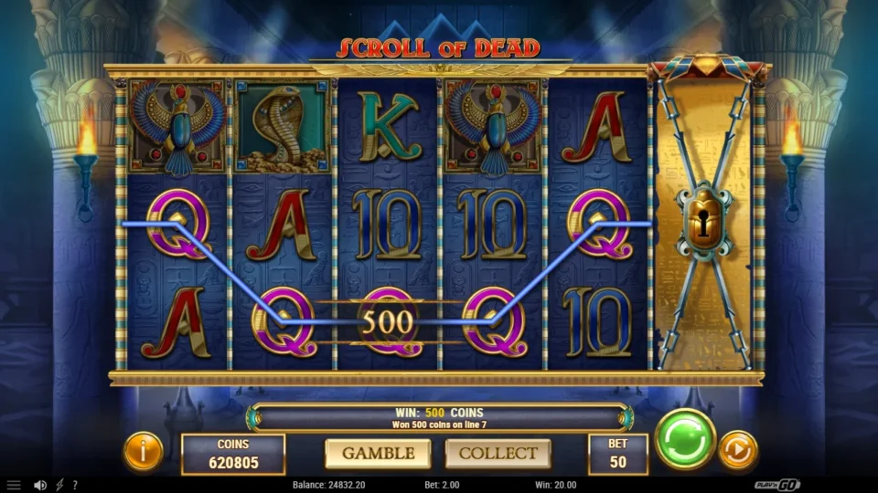 Scroll of Dead: Five Q cards on a U-shaped line pay 500 coins at a DEMO 2.00 bet