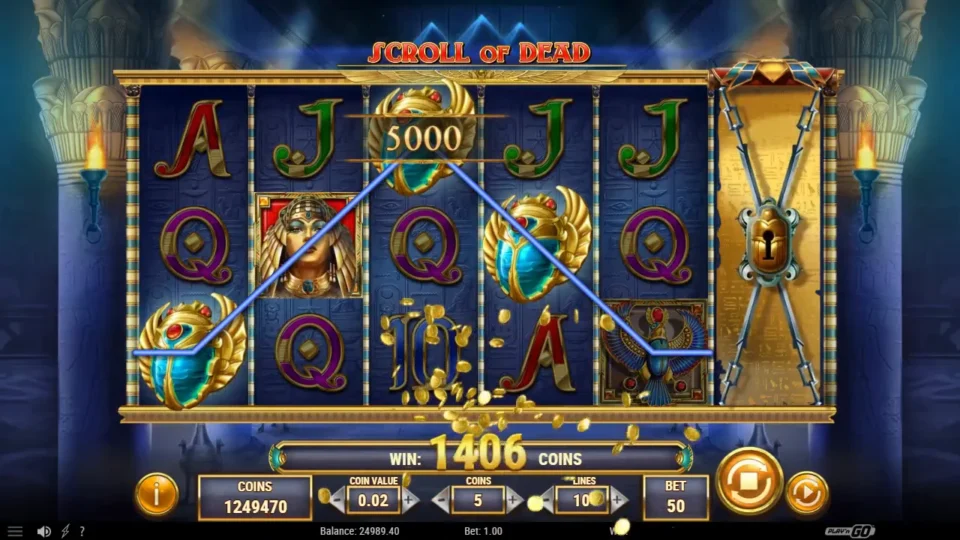 Scroll of Dead: Three Scarabs on the reels and a line through them worth 5,000 coins, with the sixth reel still chained