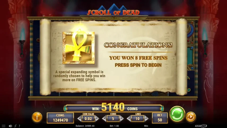 Scroll of Dead: Eight free spins awarded with the Ankh as the special expanding symbol