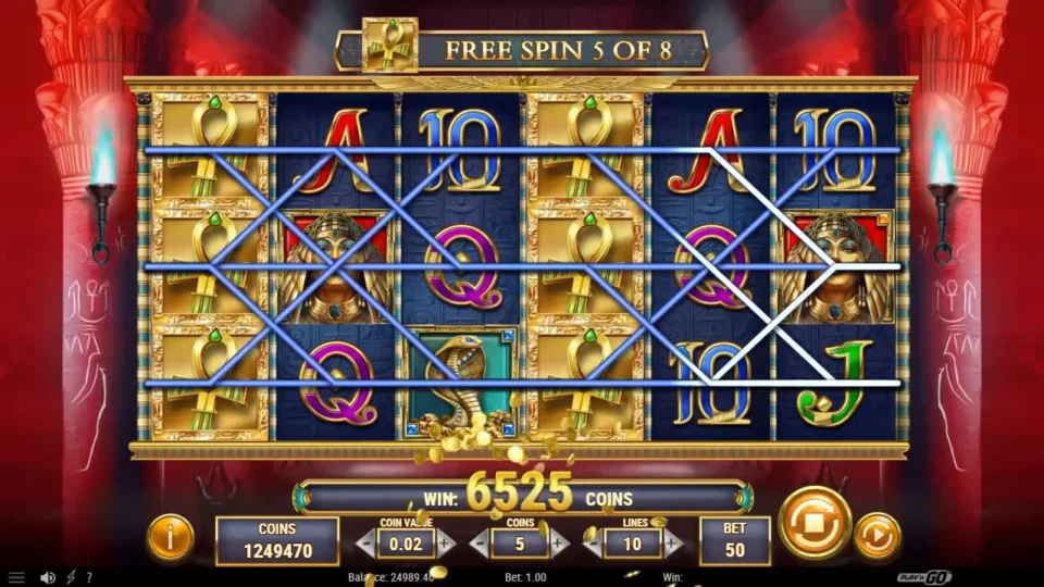 Scroll of Dead: Ankhs expanded on the first and fourth reels pay across the lines on free spin 5 of 8