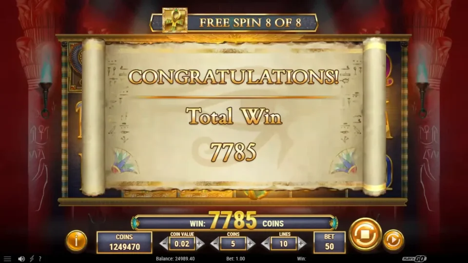 Scroll of Dead: Total Win card with the result of the natural bonus, 7,785 coins
