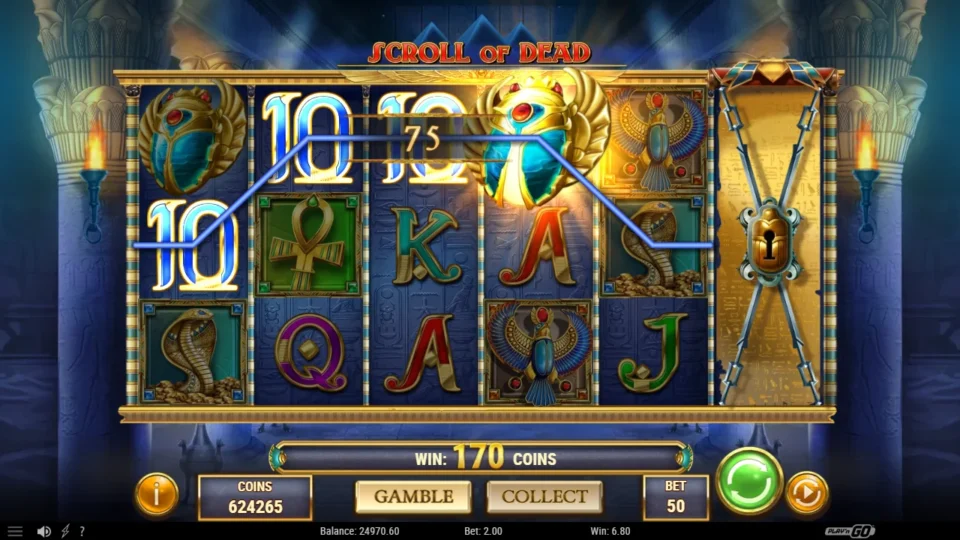 Scroll of Dead: A Scarab Wild completes a line of tens for 75 coins