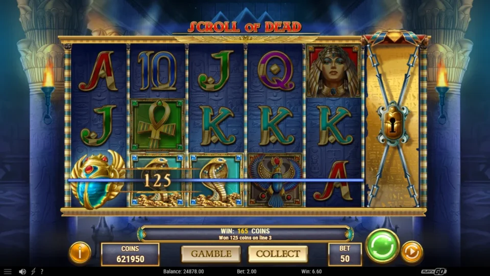 Scroll of Dead: A Scarab Wild and cobras pay 125 coins on line 3