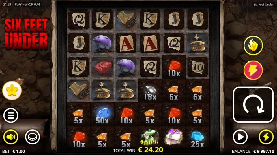 Six Feet Under: Gems from 5x to 50x fill the lower rows next to a Small Box Bomb and a Bonus symbol, with EUR 24.20 in TOTAL WIN