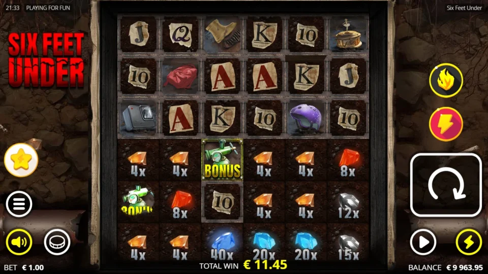 Six Feet Under: Fifteen gems from 4x to 40x and two Bonus symbols under three rows of cards and props, EUR 11.45 in TOTAL WIN
