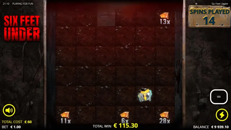Six Feet Under: The Descent result of EUR 115.30 in TOTAL WIN, already reached on spin 14 of 15 with one cell on reel 3 still clear of dirt