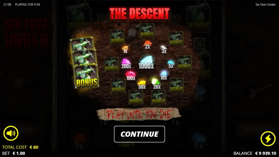 Six Feet Under: THE DESCENT card after the EUR 60 purchase, gems from 1x to 1000x around the Bonus symbols above a PLAY UNTIL YOU DIE banner