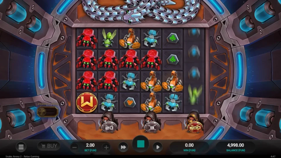 Snake Arena 2: Six reels of four rows at a FUN 2.00 bet under the coiled steel snake
