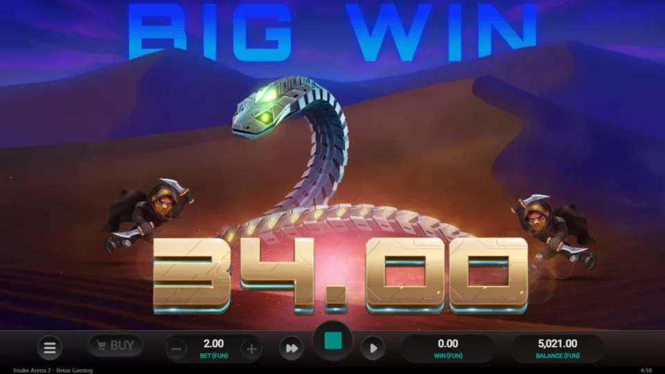 Snake Arena 2: Big Win banner at 34.00 after a base spin