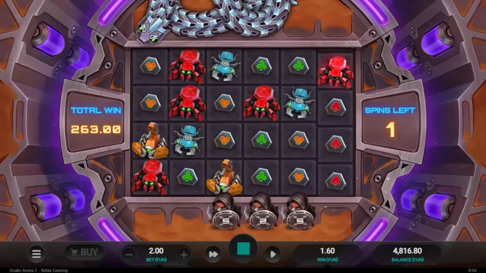 Snake Arena 2: Three Slayers wait under the reels with 263.00 already won
