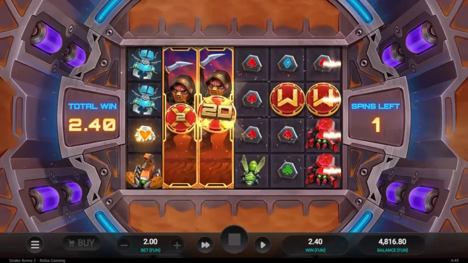 Snake Arena 2: Slayers turn the second and third reels Wild at x2 and x20 with one free spin left