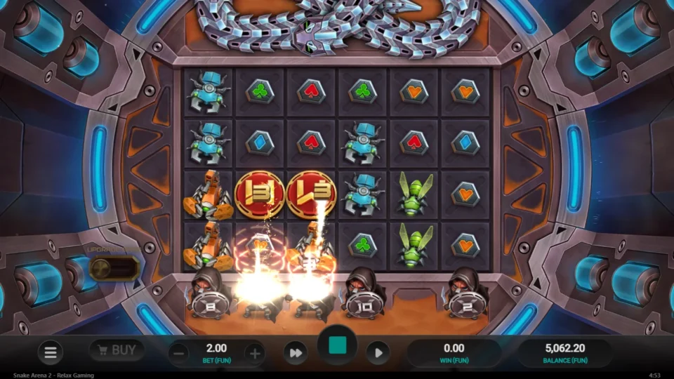 Snake Arena 2: Two Slayer shields burst under the second and third reels and leave Wild symbols above them