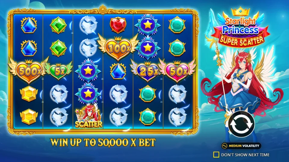 Starlight Princess Super Scatter: Five winged hearts from 5x to 500x and one princess Scatter on the title slide, which promises wins of up to 50,000x the bet