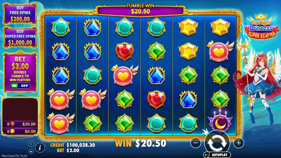Starlight Princess Super Scatter: Eight sun medallions pay USD 20.00 and eight yellow gems USD 0.50 on a base spin worth USD 20.50