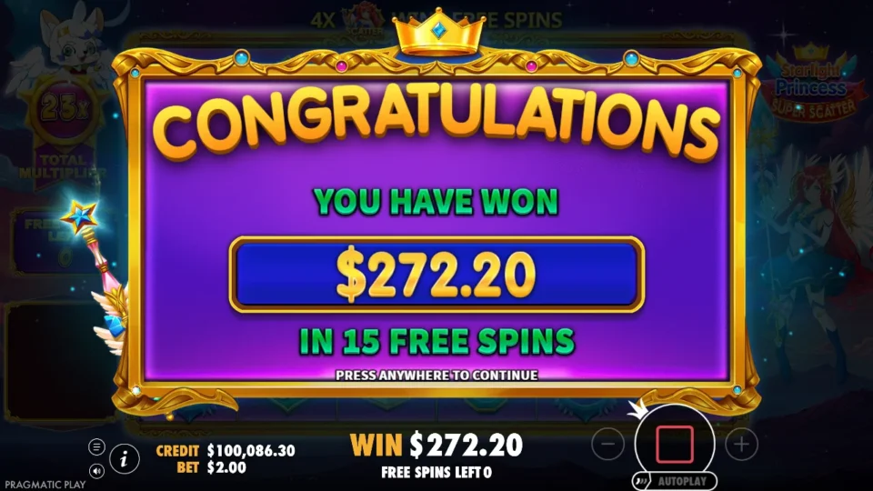 Starlight Princess Super Scatter: USD 272.20 in 15 free spins on the Congratulations card, the bought bonus result with a 23x total multiplier behind it