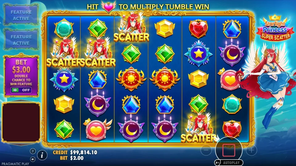Starlight Princess Super Scatter: Princess Scatters on reels 1, 2, 3 and 5 open the free spins bought for USD 200, both buy buttons now reading FEATURE ACTIVE