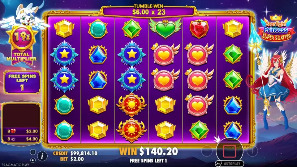 Starlight Princess Super Scatter: Free spin 14 of the bought bonus, the banner at USD 6.00 x 23 while the panel still shows a 19x total multiplier