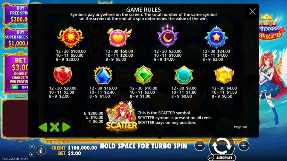 Starlight Princess Super Scatter rules, page 1
