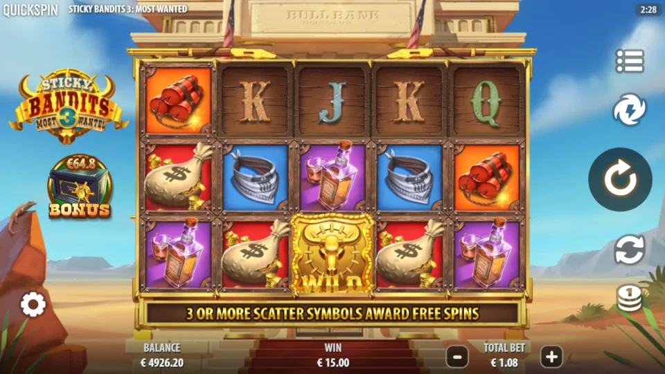 Sticky Bandits 3: Most Wanted: Money bags connect through the central bottom Wild in a EUR 15 round