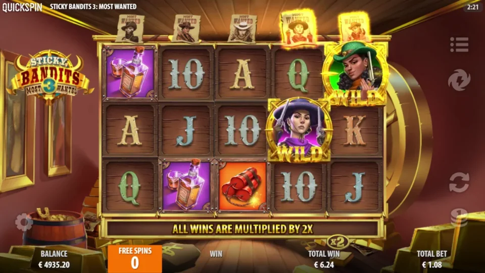 Sticky Bandits 3: Most Wanted: The last free spin leaves Sticky Bandits on reels 4 and 5 and a EUR 6.24 total