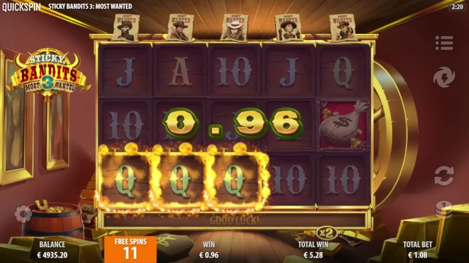 Sticky Bandits 3: Most Wanted: Three Queens pay EUR 0.96 at the fixed 2x free-spins multiplier