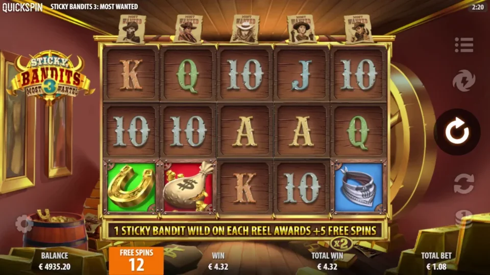 Sticky Bandits 3: Most Wanted: Twelve free spins open with the EUR 4.32 Scatter award already on the total counter