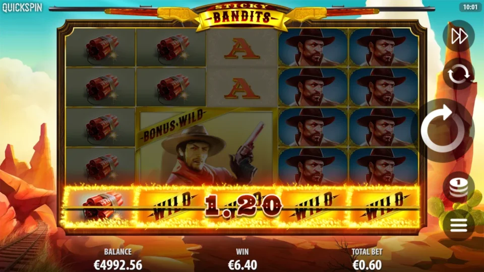 Sticky Bandits: Dynamite and Wild cells along the bottom row paying EUR 1.20 of a EUR 6.40 spin