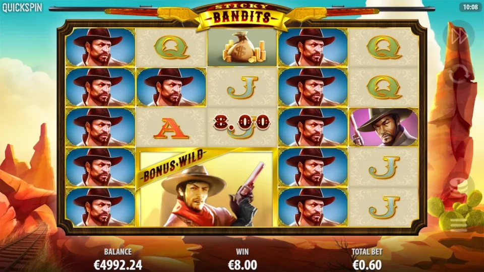 Sticky Bandits: Full stacks of the red bandit on reels 1 and 4 around a half-shown gunman, EUR 8.00 in all