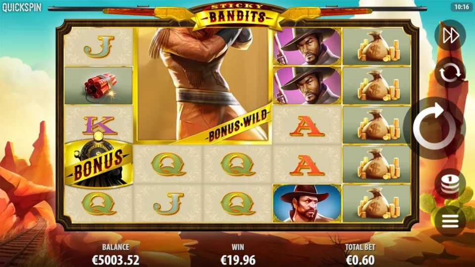 Sticky Bandits: Seven free spins done and the counter reads EUR 19.96, the result with the gunman still locked on reels 2 and 3