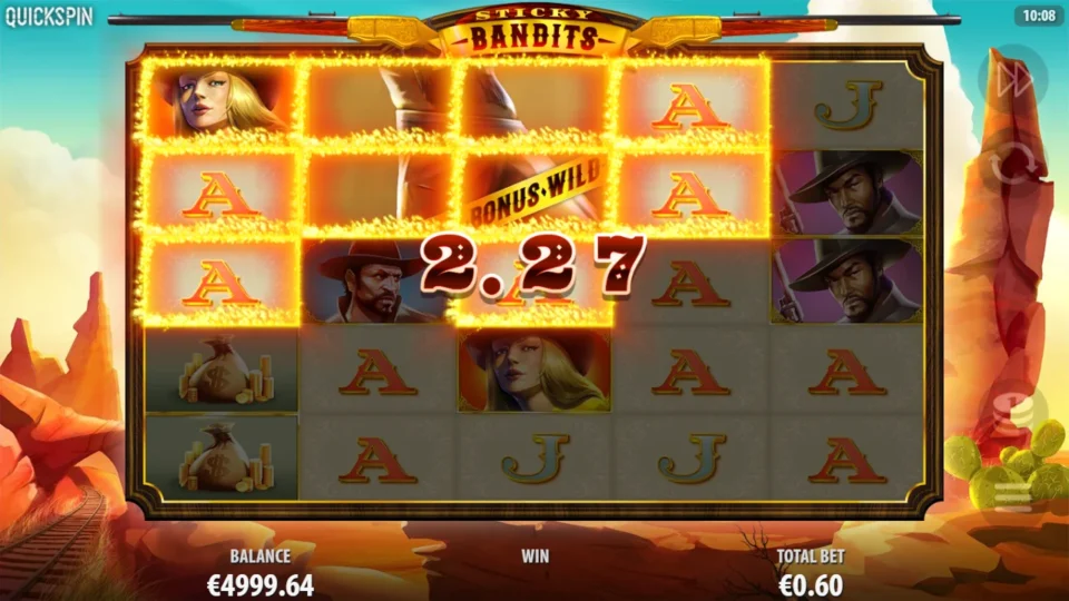 Sticky Bandits: The blonde outlaw and two Aces into the gunman on reels 2 and 3, EUR 2.27 on the line of a EUR 3.84 spin