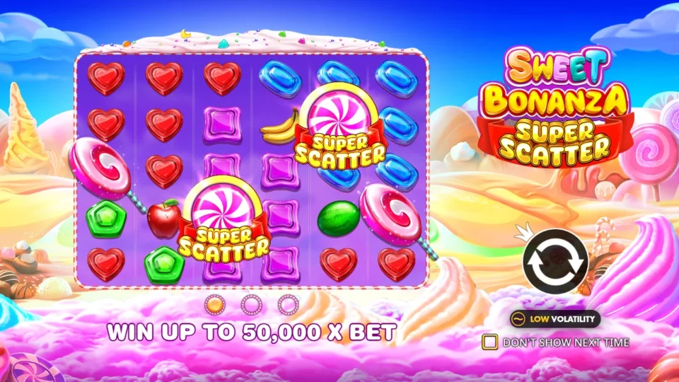 Sweet Bonanza Super Scatter: Intro slide with two Super Scatters and a win ceiling of 50,000x the bet