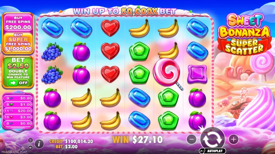 Sweet Bonanza Super Scatter: Base-game tumbles add up to USD 27.10 on one spin