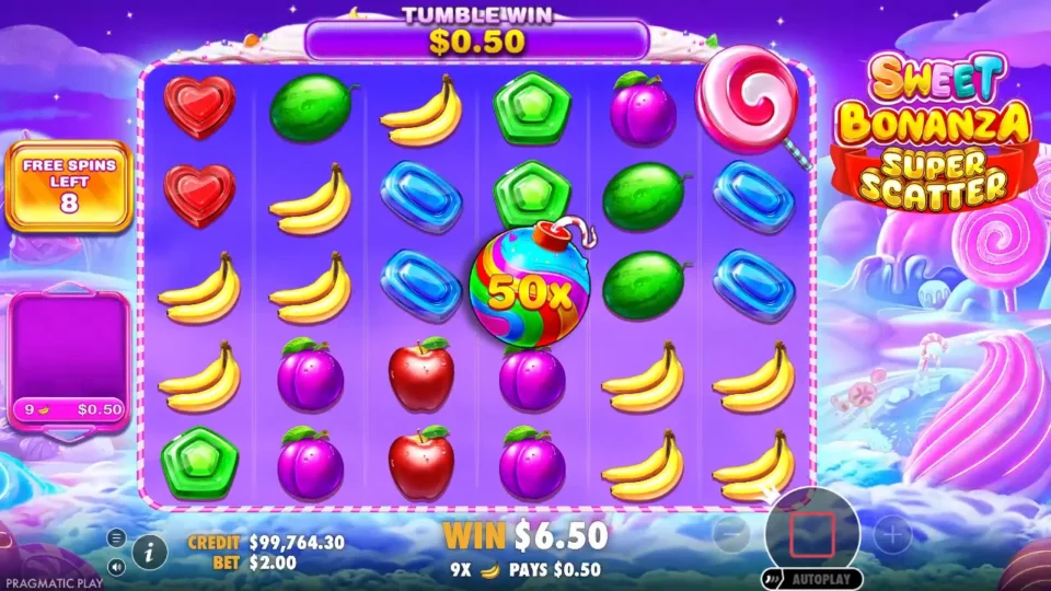 Sweet Bonanza Super Scatter: A 50x bomb drops while the tumbles have paid USD 0.50, eight free spins left