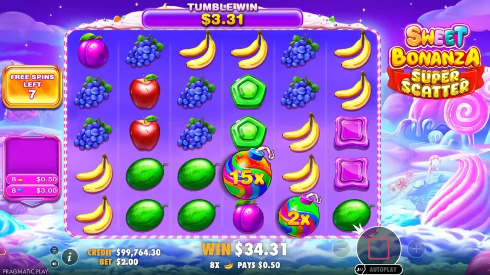 Sweet Bonanza Super Scatter: Bombs of 15x and 2x beside a USD 3.31 tumble count, seven free spins left