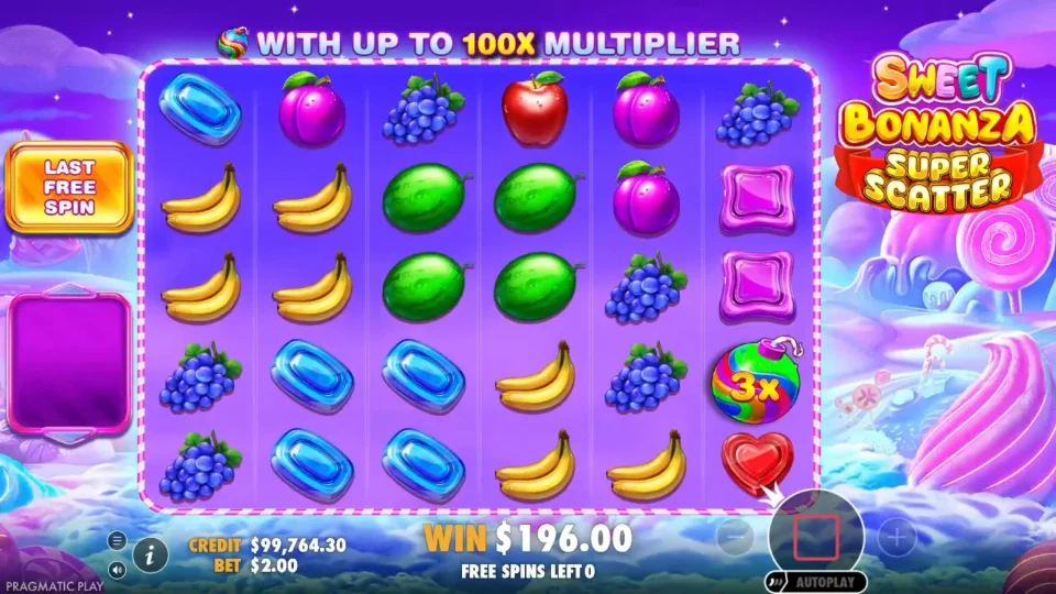 Sweet Bonanza Super Scatter: Last free spin with a 3x bomb on the grid and no win for it to multiply