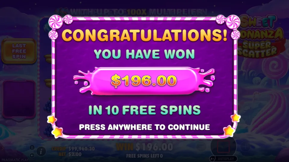 Sweet Bonanza Super Scatter: Result card of the bought round, USD 196.00 in 10 free spins