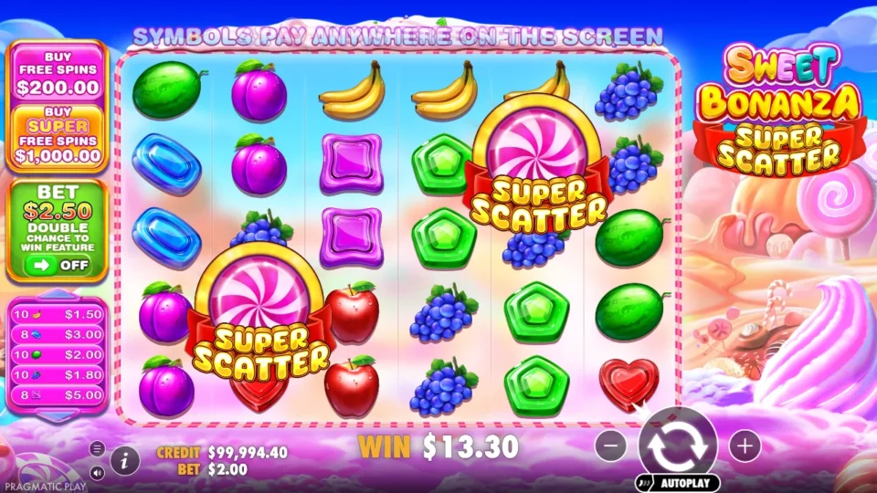Sweet Bonanza Super Scatter: Two Super Scatters on screen while candy and fruit tumbles pay USD 13.30