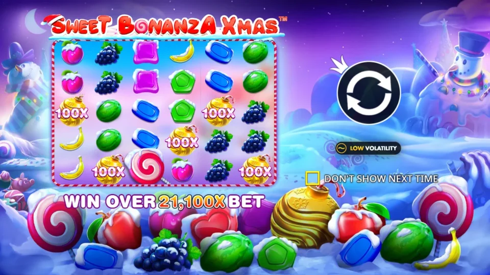 Sweet Bonanza Xmas: Five gold ornaments marked 100x decorate the title slide, its banner reading win over 21,100x bet